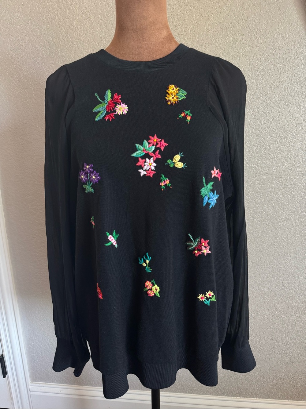 Megan Park Black Embroidered Beaded Sweater Sheer Mesh Sleeve Size 2 Medium US 8